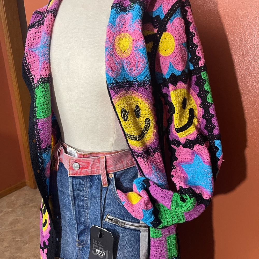 Colorful Crochet Cardigan dusterwith Smiley Faces. Smile all day!!